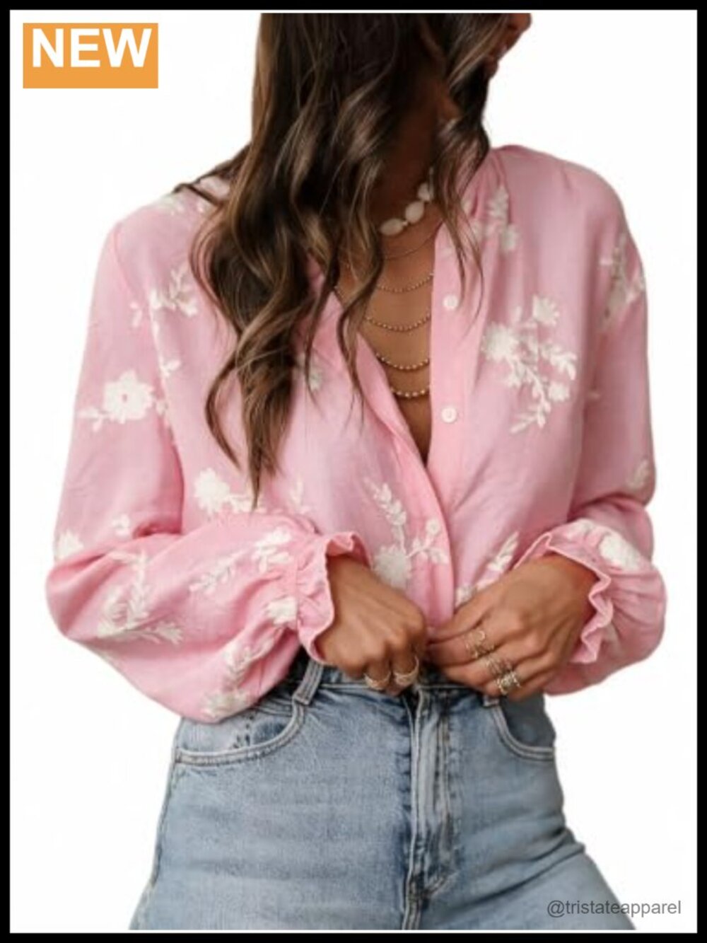 Floral Embroidered V-Neck Blouse Women's Dressy Casual Button Up